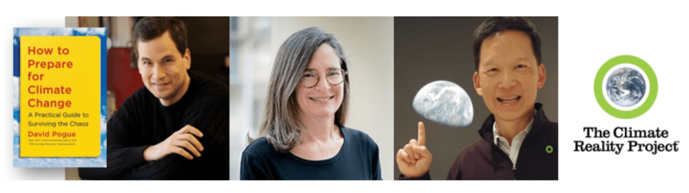 book cover image with yellow background and red text, smiling white man with long sleeved black sweater, white women with medium length gray hair and glasses in dark blouse, smiling Asian man in collared shirt pointing at image of the Earth, logo of the climate reality project