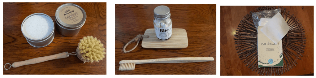 Use soap bar and wooden brush for dishes, chew toothpaste tablets and wooden brush for teeth and sheet of detergent for washing clothes.
